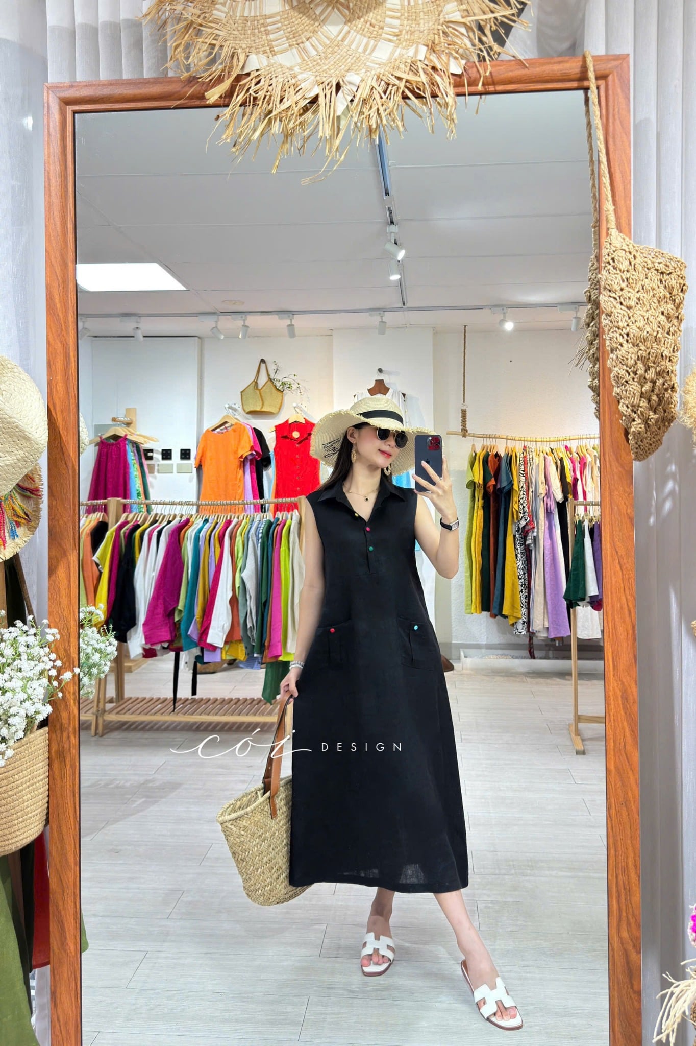 Đầm sát nách nút bọc màu 2 túi linen tưng premium Cói Design