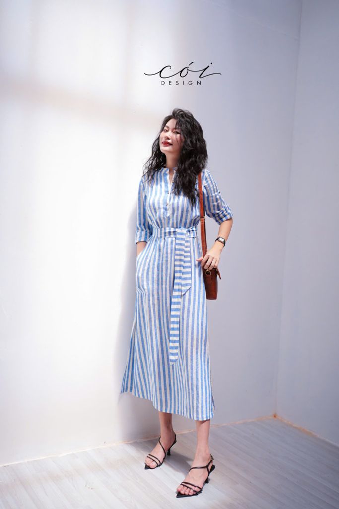 Đầm cổ trụ tay dài kèm belt Linen Hàn Cói Design
