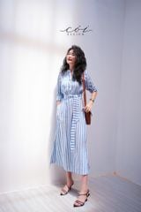 Đầm cổ trụ tay dài kèm belt Linen Hàn Cói Design