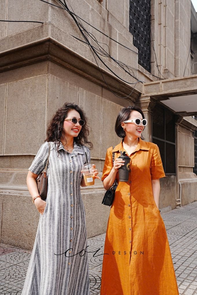 Đầm sơ mi sọc tay ngắn linen Hàn Cói Design