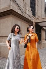 Đầm sơ mi sọc tay ngắn linen Hàn Cói Design