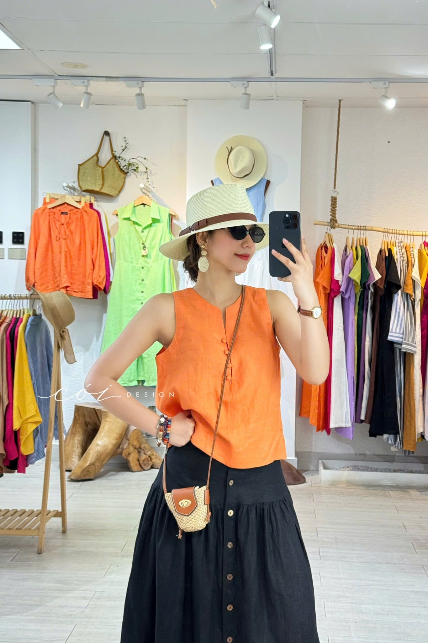 Chân váy nút dừa lưng thun linen tưng premium Cói Design