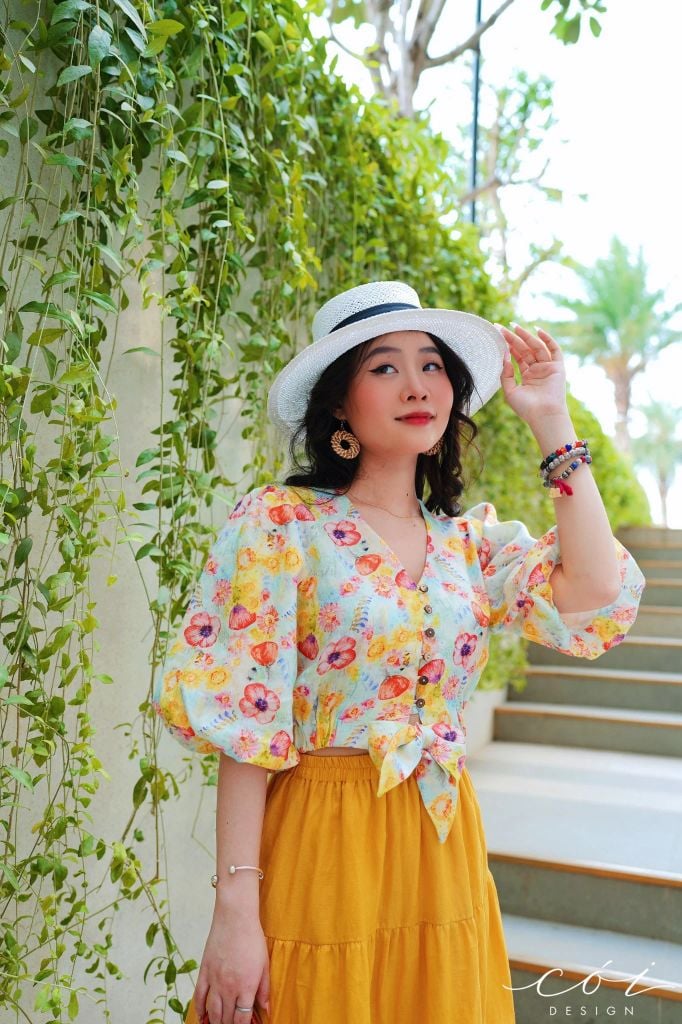 Áo croptop tay bí phối dây linen Cói Design