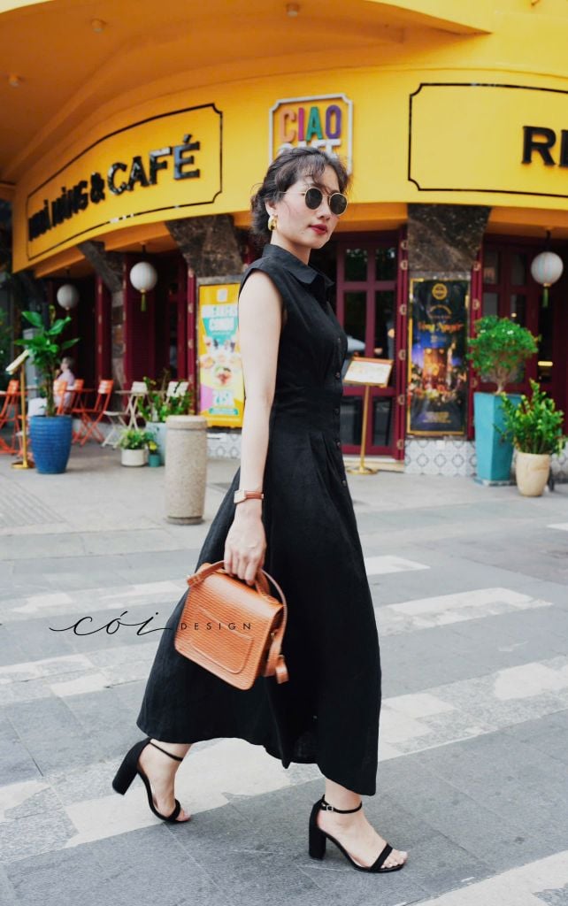 Đầm sơ mi xếp ly eo linen tưng premium Cói Design