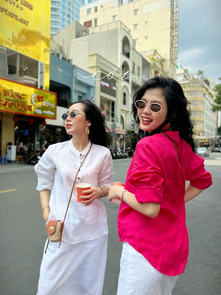 Áo cổ trụ lệch vạt tay dài Linen tưng premium Cói Design