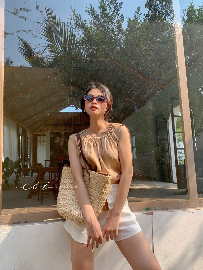 Áo cổ xếp nhún sát nách linen Cói Design
