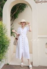 Đầm suông tay xếp nhún kèm belt Linen tưng premium Cói Design