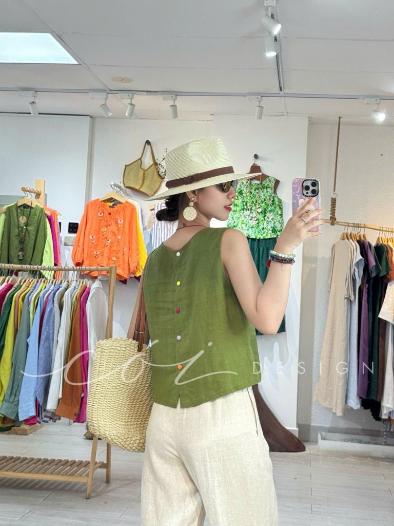 Áo sát nách nút bọc lưng nhiều màu linen tưng premium Cói Design