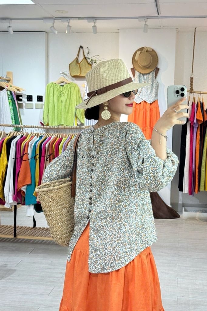Áo tay phồng nút lưng linen hàn Cói Design