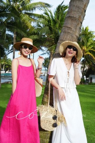 Đầm 2 dây nút dừa linen tưng premium Cói Design