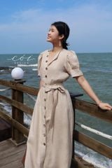 Đầm suông tay xếp nhún kèm belt Linen tưng premium Cói Design