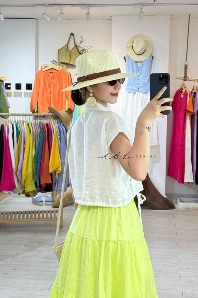 Áo Thêu hoa cổ sơ mi phối dây linen tưng premium Cói