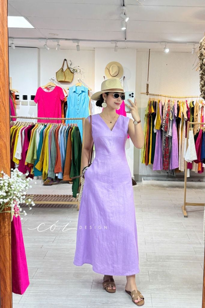 Đầm sát nách cổ V linen tưng premim Cói Design