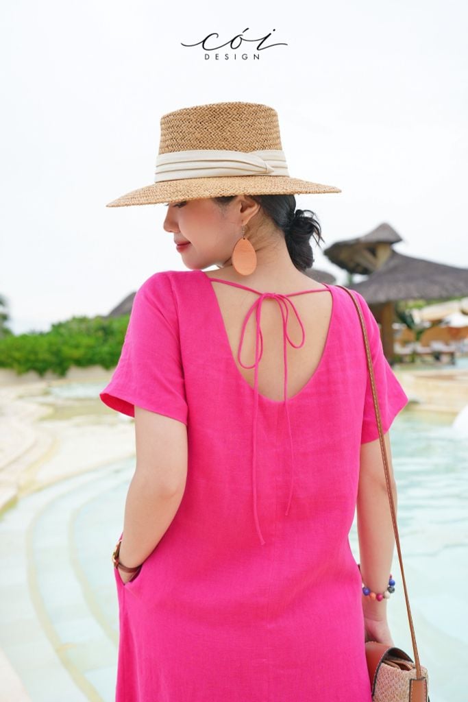 Đầm suông cổ tròn đan dây lưng Linen tưng premium Cói Design