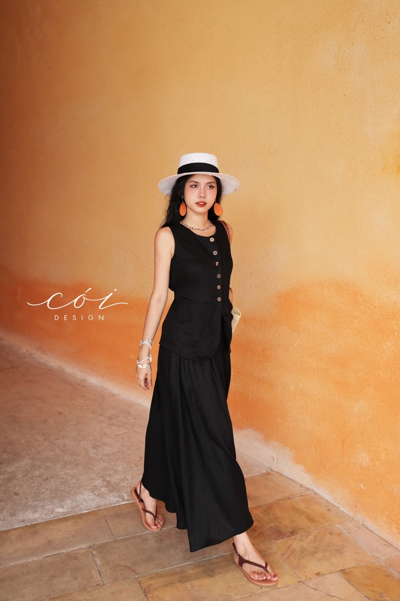 Áo gile vạt tròn 2 túi linen tưng premium Cói Design