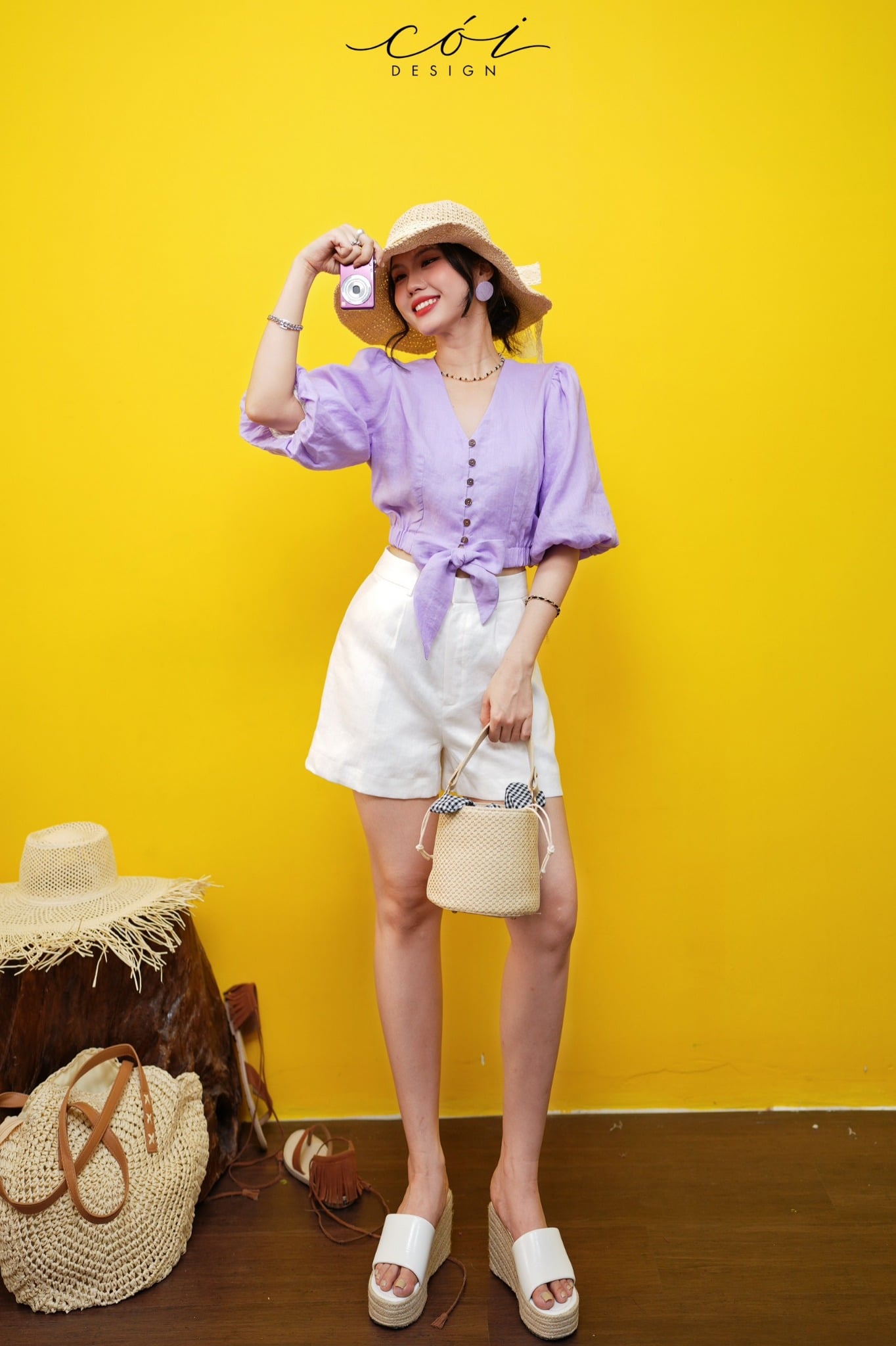 Áo croptop tay bí phối dây linen Cói Design