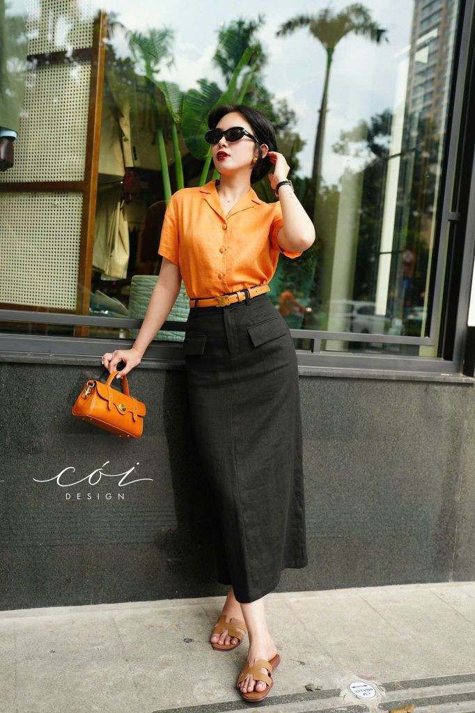 Chân váy 2 nắp túi linen tưng Cói Design