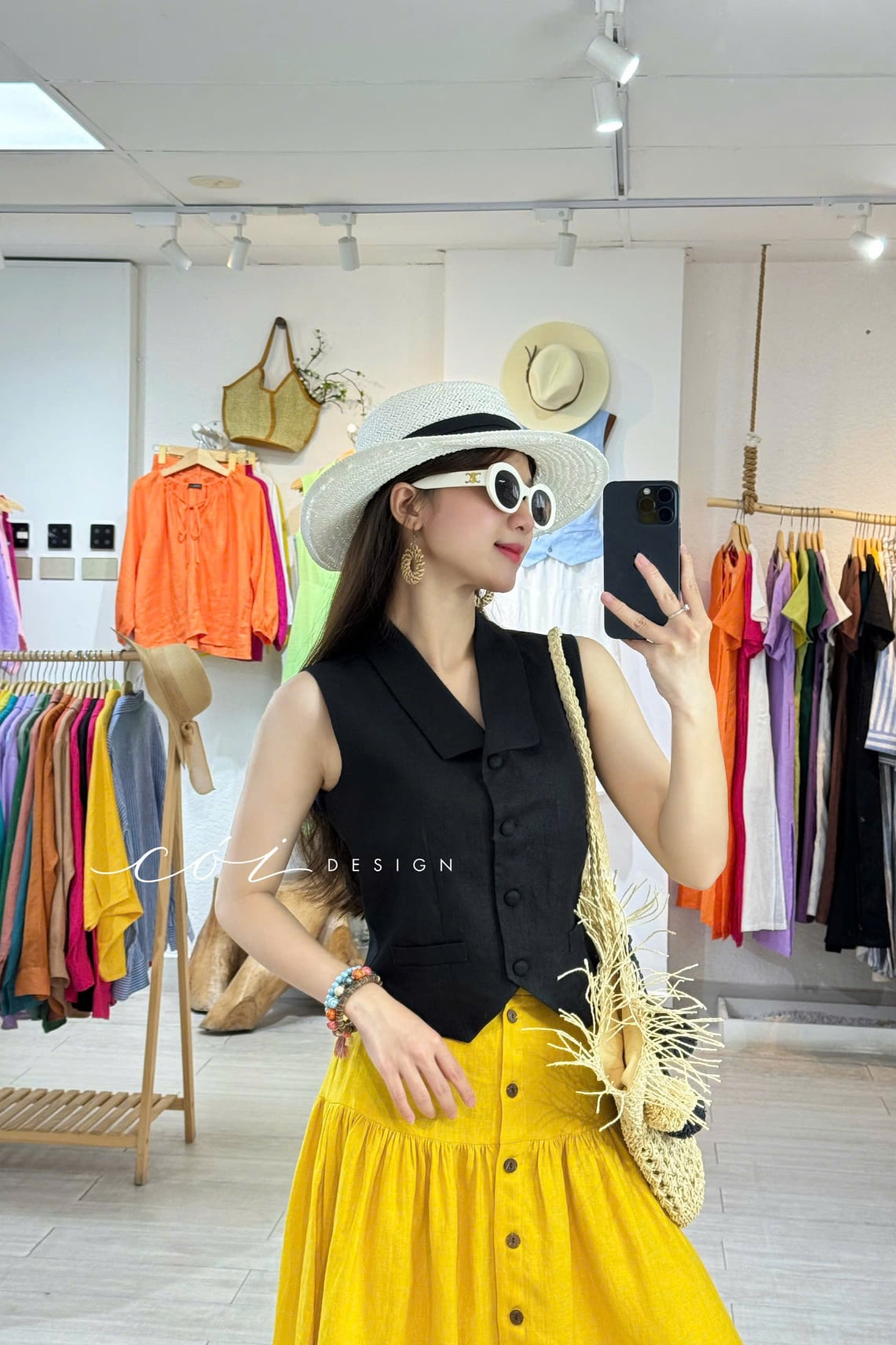 Chân váy nút dừa lưng thun linen tưng premium Cói Design