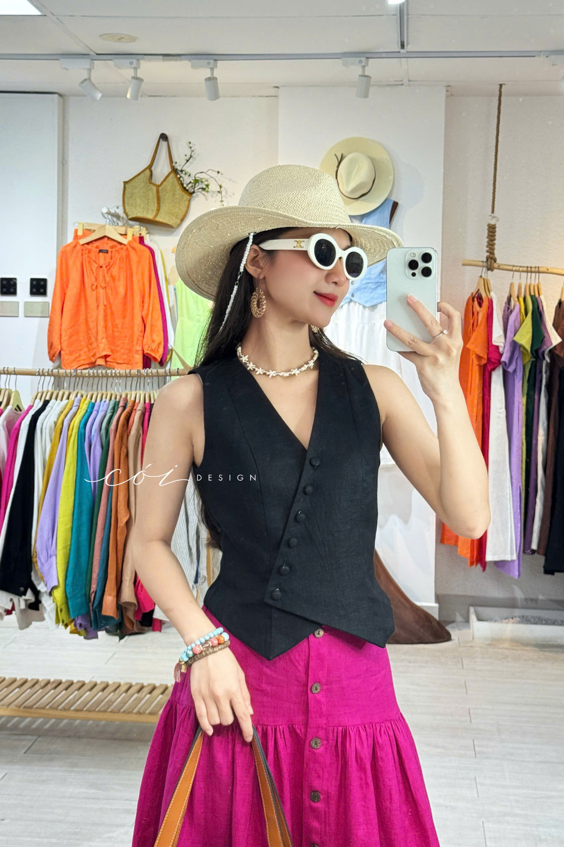 Chân váy nút dừa lưng thun linen tưng premium Cói Design