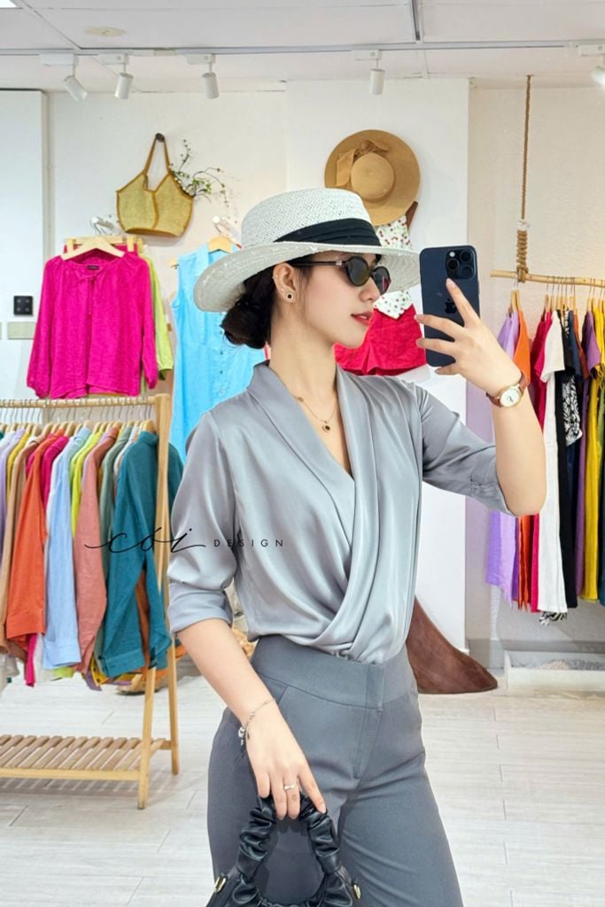 Áo sơ mi lụa đắp chéo Cói Design
