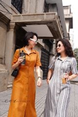 Đầm sơ mi sọc tay ngắn linen Hàn Cói Design