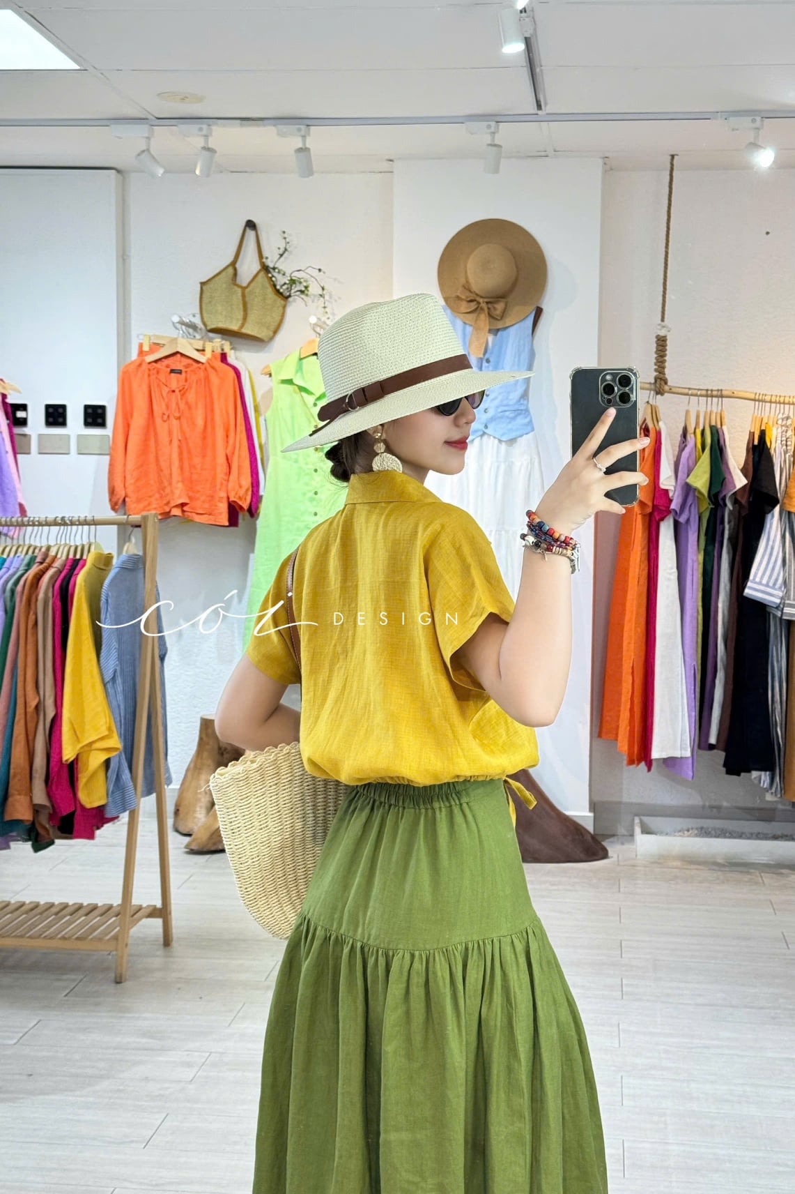 Chân váy nút dừa lưng thun linen tưng premium Cói Design