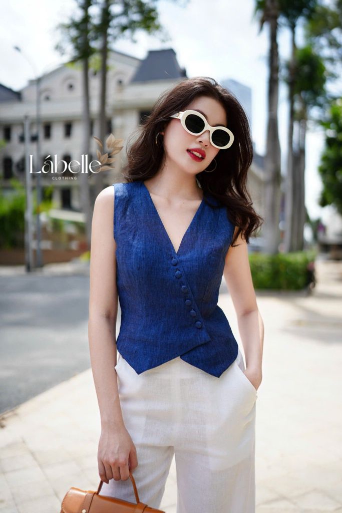 Áo gile nút bọc Linen tưng premium Cói Design