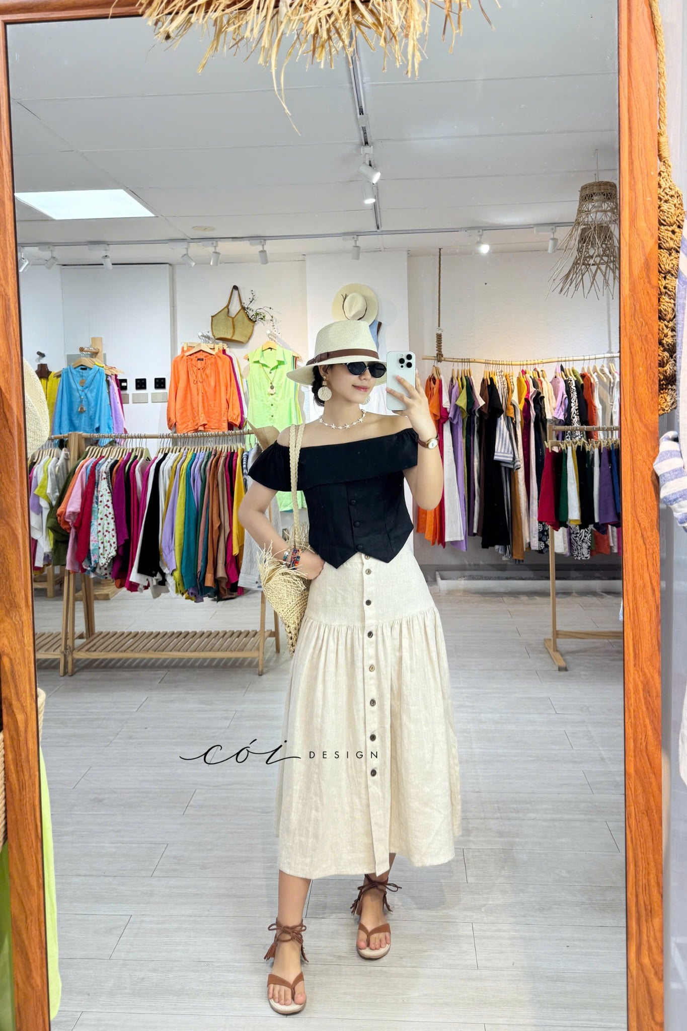 Chân váy nút dừa lưng thun linen tưng premium Cói Design