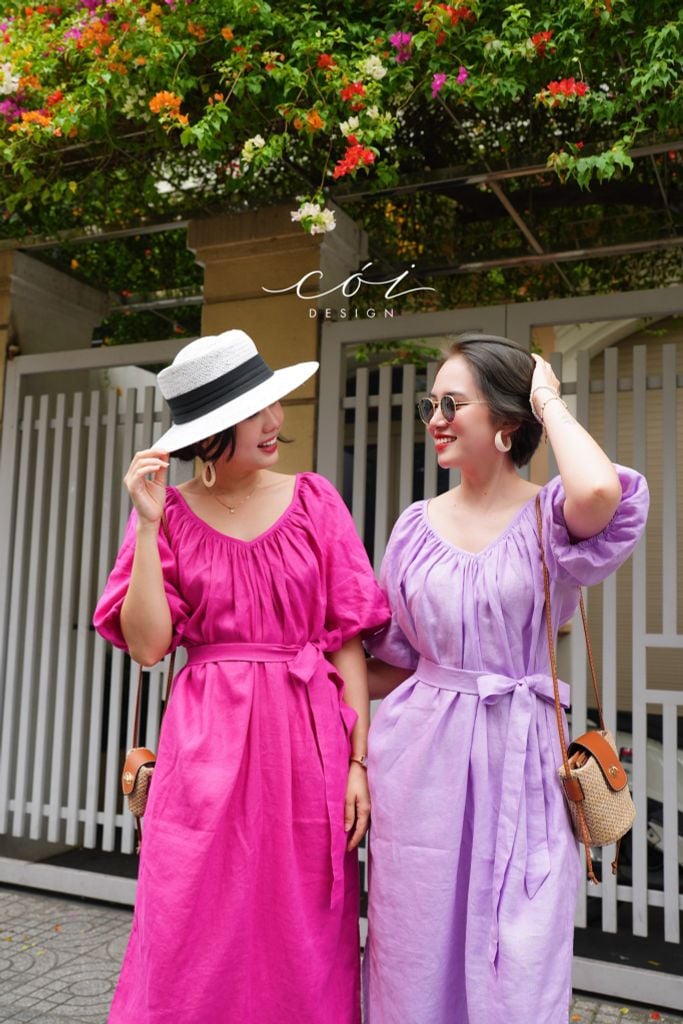 Đầm suông tay bí kèm belt linen tưng Cói Design