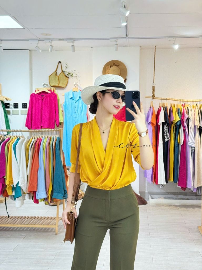 Áo sơ mi lụa đắp chéo Cói Design