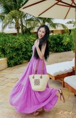 Đầm 2 dây cổ tim nút bọc Linen tưng premium Cói Design