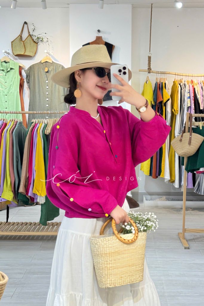 Áo cổ trụ 19 nút bọc màu Linen tưng premium Cói Design