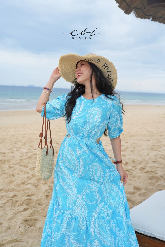 Đầm khoét eo tay phồng Linen tưng premium Cói Design