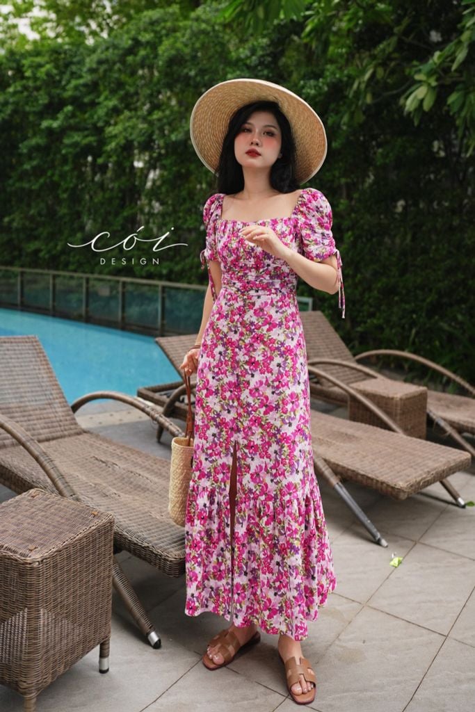 Đầm nhún ngực xẻ tà linen hàn Cói Design