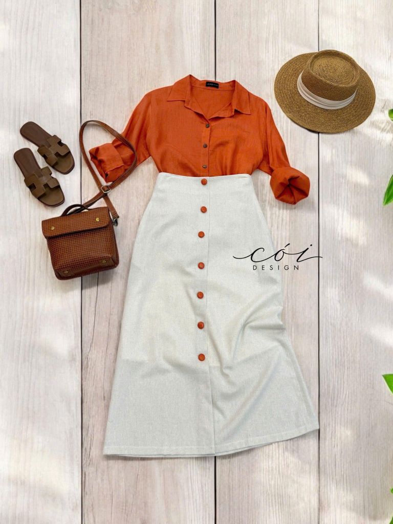 Chân váy nút bọc linen Cói Design