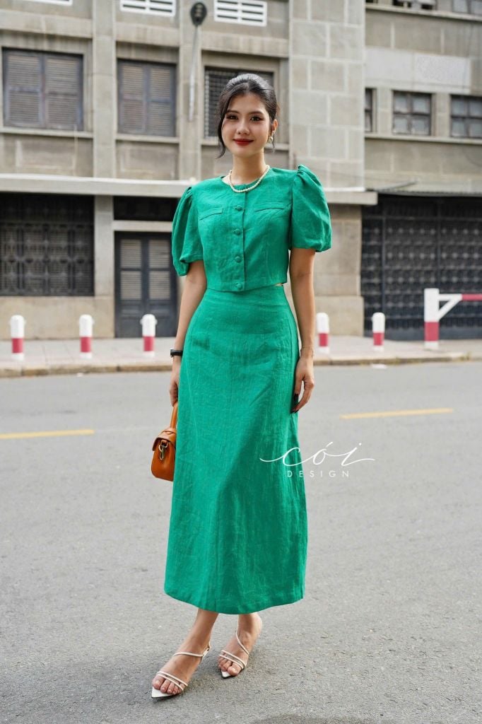 Set Chân Váy Croptop Nút Bọc Linen Cói Design