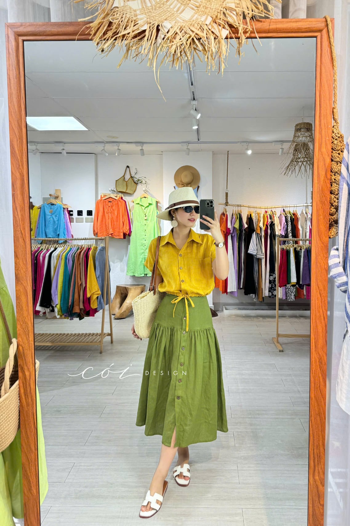 Chân váy nút dừa lưng thun linen tưng premium Cói Design