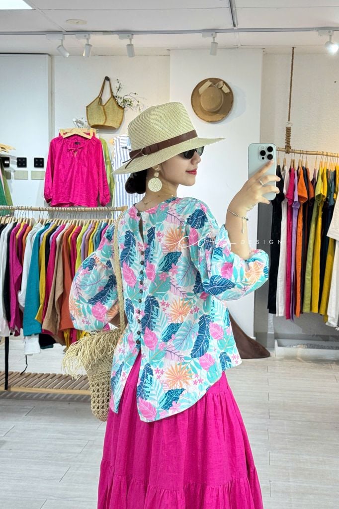 Áo tay phồng nút lưng linen hàn Cói Design