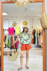 Áo sơ mi họa tiết phối dây linen tưng premium Cói Design