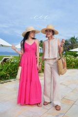 Đầm 2 dây cổ tim nút bọc Linen tưng premium Cói Design