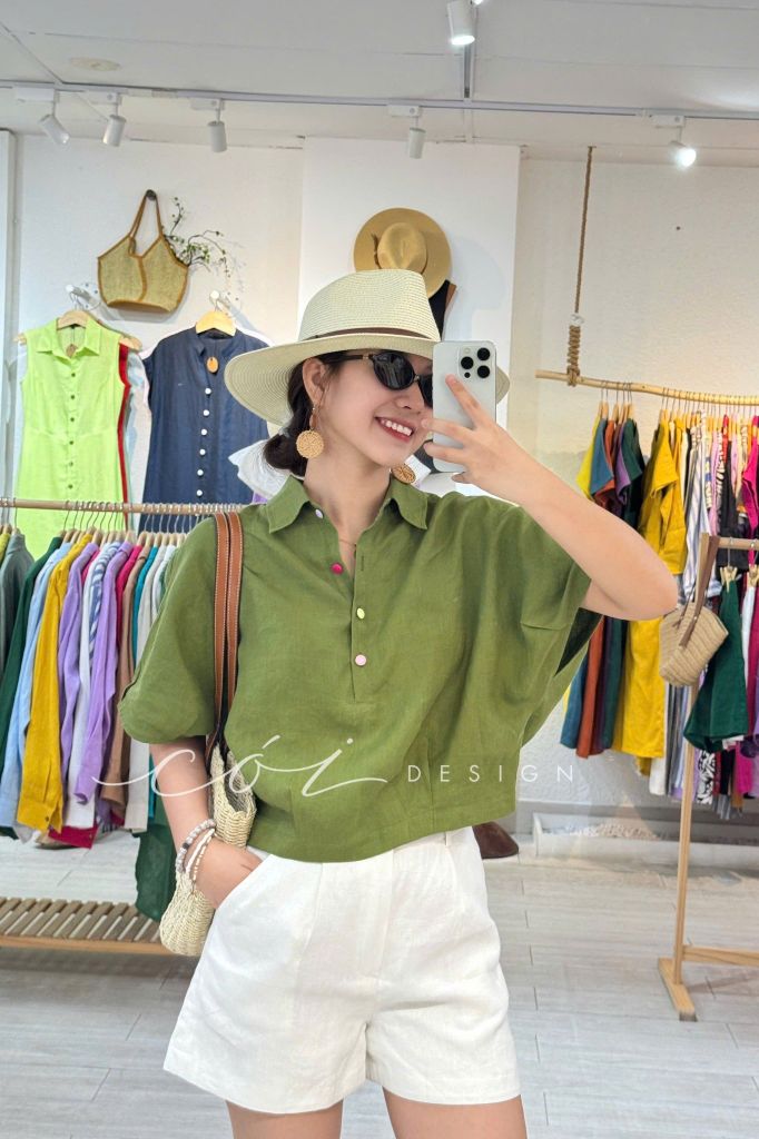 Áo sơ mi nút bọc tay liền Linen tưng premium Cói Design