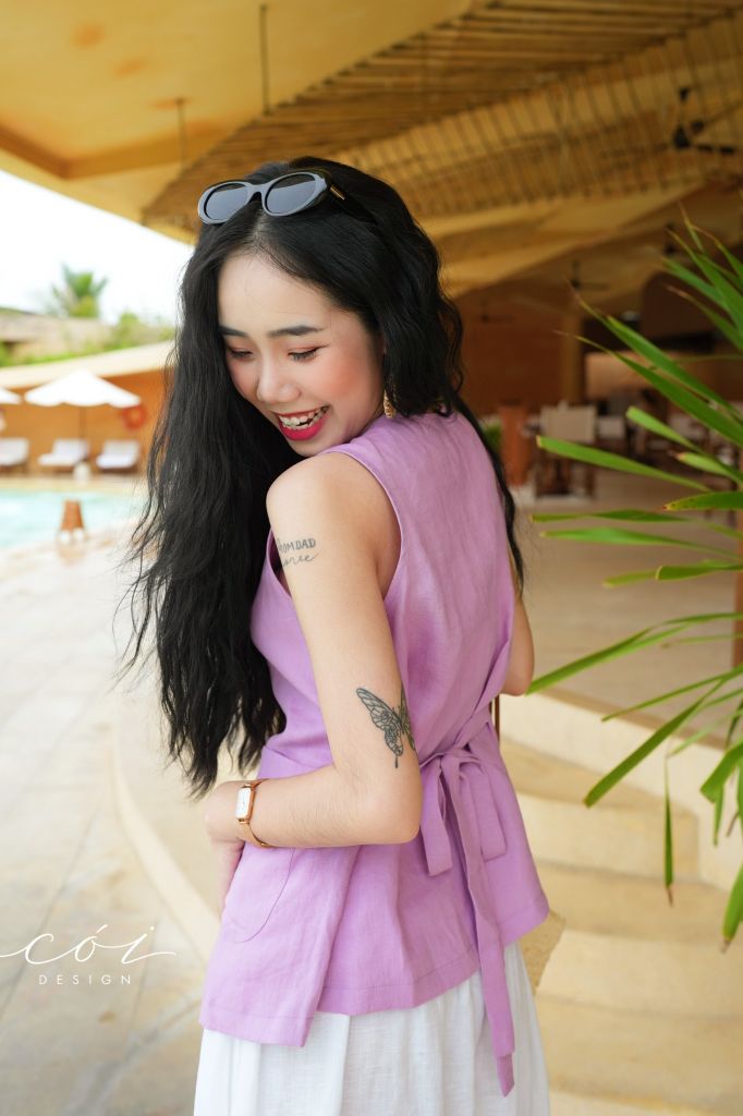 Áo gile vạt tròn 2 túi Linen tưng premium Cói Design