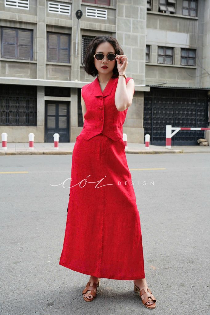 Áo gile cổ cánh én Linen tưng premium Cói Design
