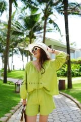 Áo cổ tim xếp nhún tay phồng Linen tưng premium Cói Design