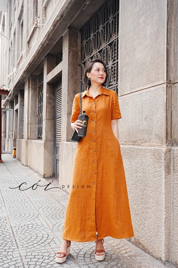 Đầm sơ mi tay ngắn Linen tưng premium Cói Design