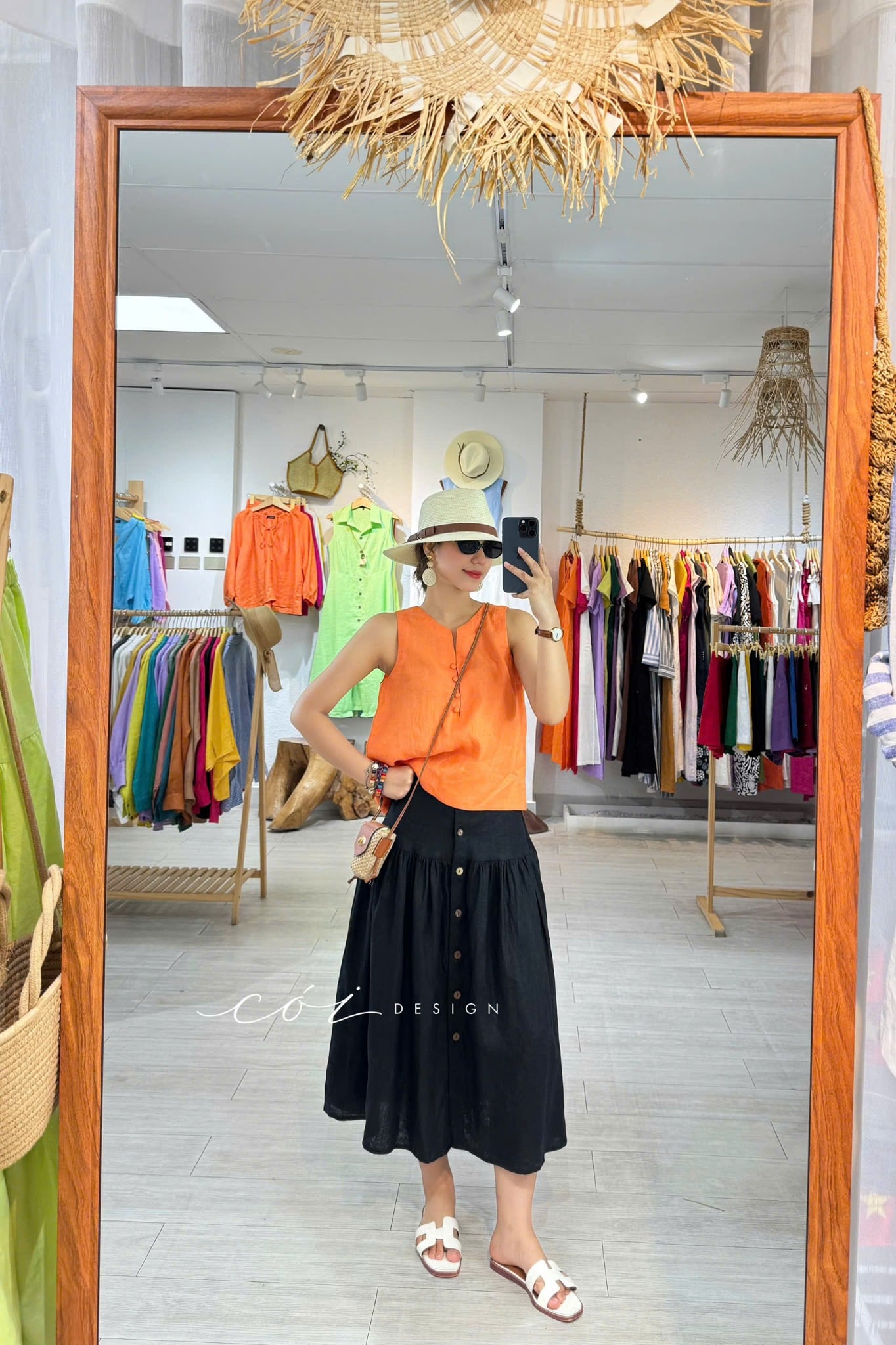 Chân váy nút dừa lưng thun linen tưng premium Cói Design