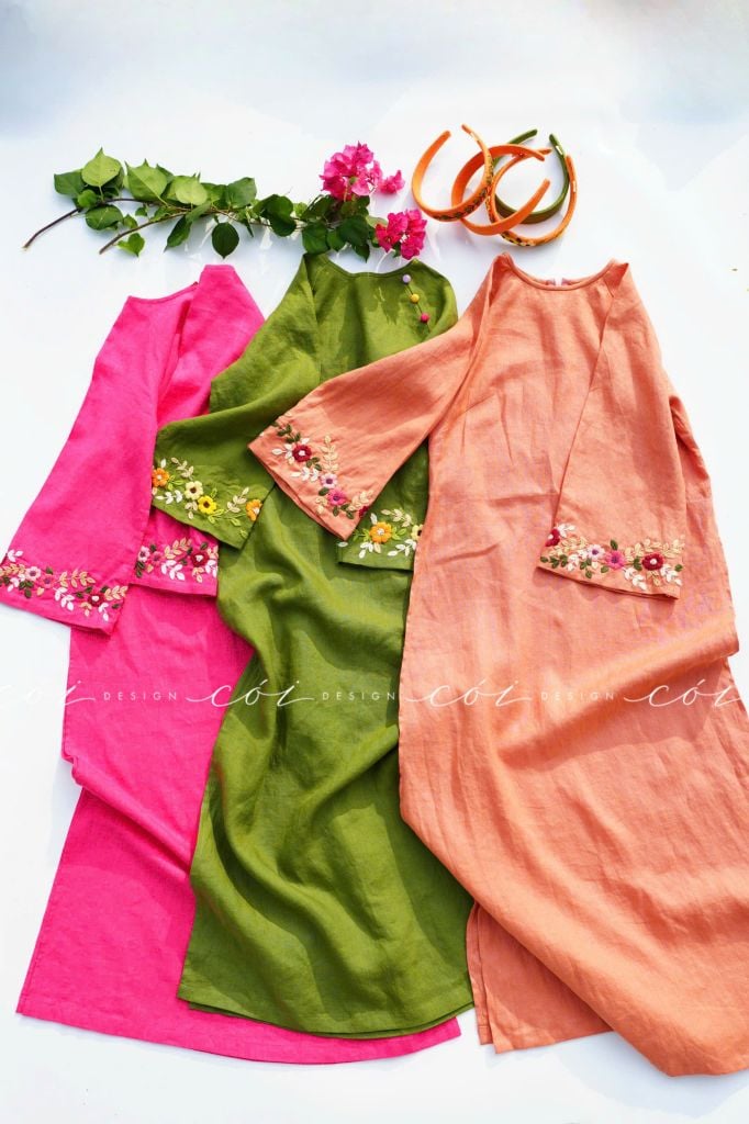 Set áo dài thêu tay Song Hoa Linen kèm quần suông Cói Design