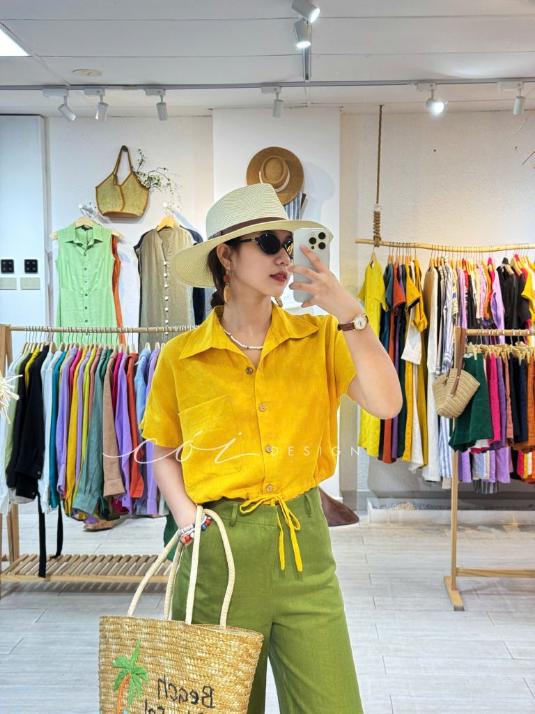 Áo sơ mi croptop rút dây linen tưng Cói Design
