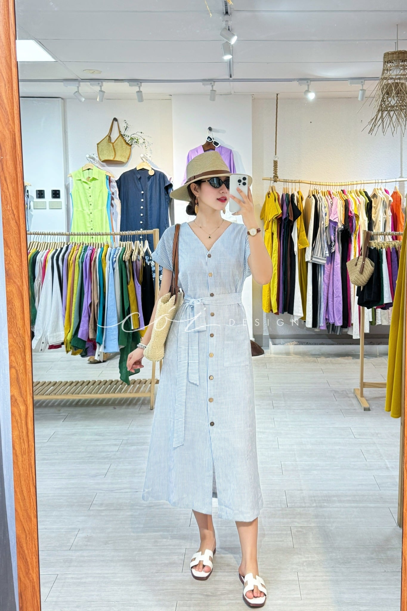 Đầm suông sọc kèm belt linen tưng Cói Design