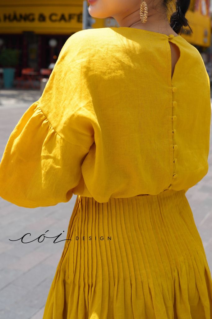Áo tay phồng hàng nút bọc lưng linen tưng Cói Design